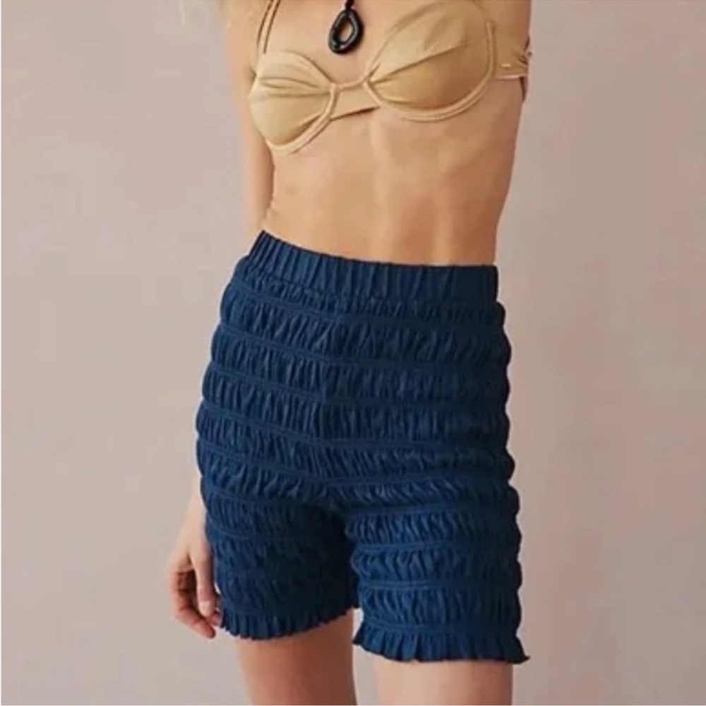 Free people Beach Jude Biker Tiered Ruched Pull On Shorts Linen Blue XS NWOT - Picture 1 of 4